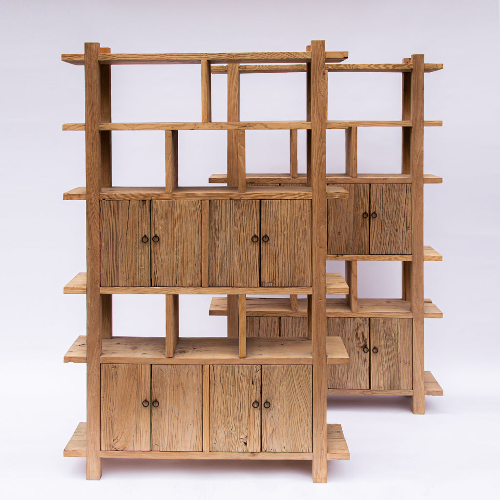 Japanese Reclaimed Elm Wood Bookcase with Doors