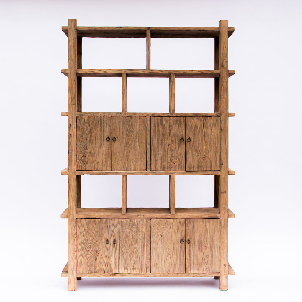 Japanese Reclaimed Elm Wood Bookcase with Doors